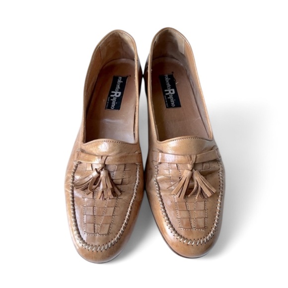 Roberto Rapino Men Caramel Tan Brown Italian Leather Loafers Woven Tassel Sz 9M - Picture 1 of 7